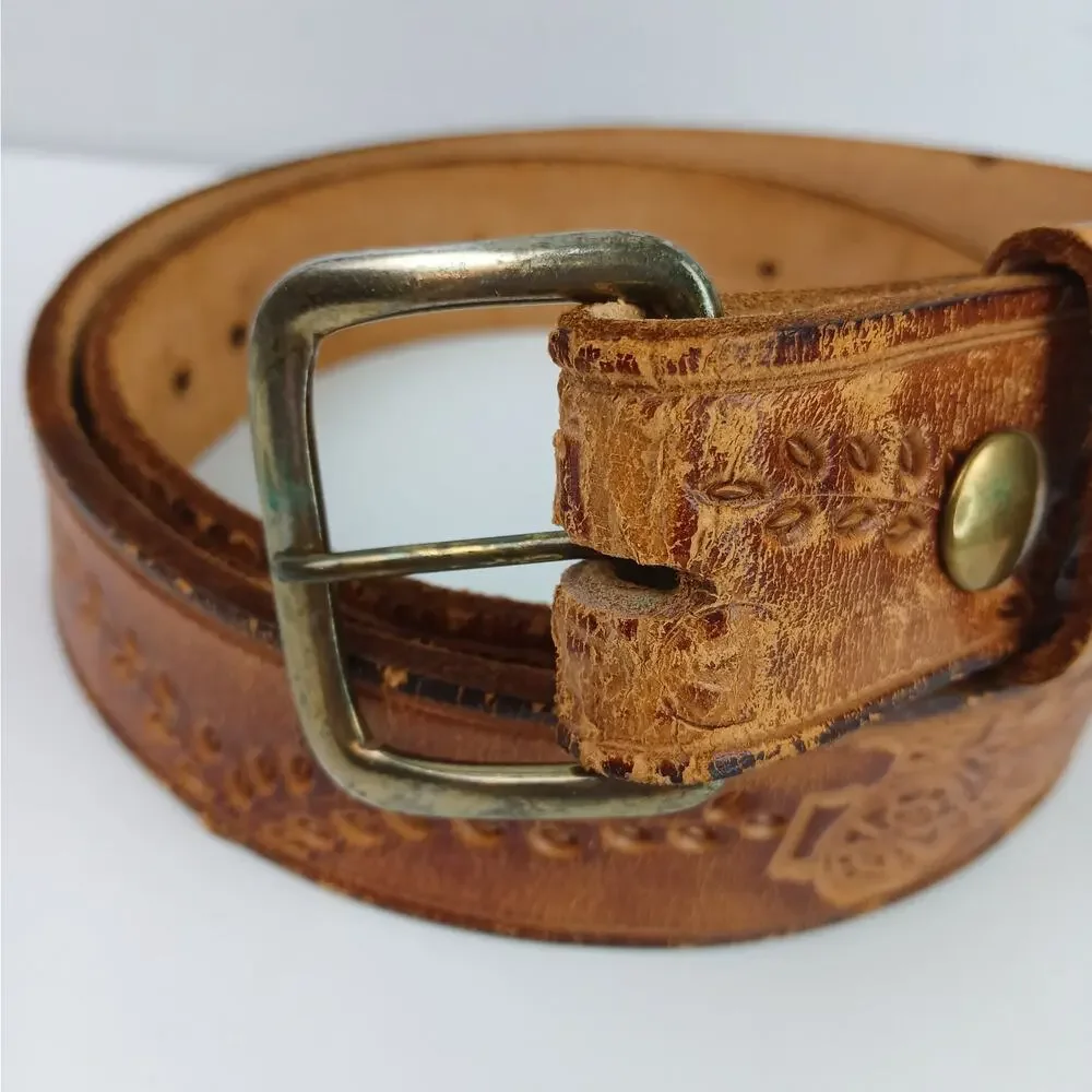 Men's SZ 36 Handcrafted Tooled Genuine Leather Belt Leaf Vines Farm Tractors 1